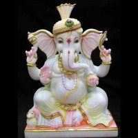 3.5 Ft White Marble Lord Ganesh Idol Wearing Pagadi